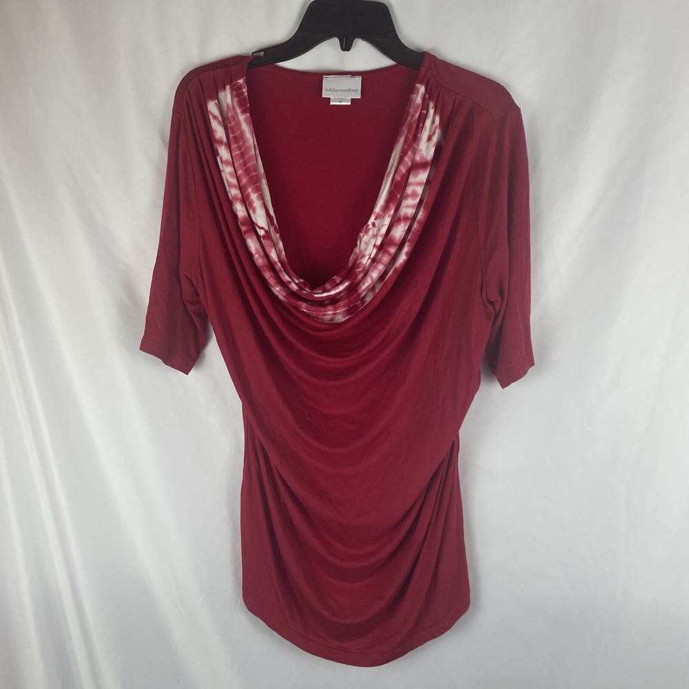 Soft Surroundings Size Medium Red White Tie Dye Bohemian Cowl Neck Blouse